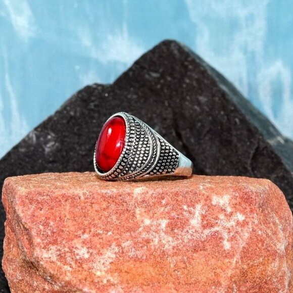 Peaks Jewelry Other - Saddlebred Mens Etched Silver Ring Red Turquoise Simulate Size 7 Gift Boxed